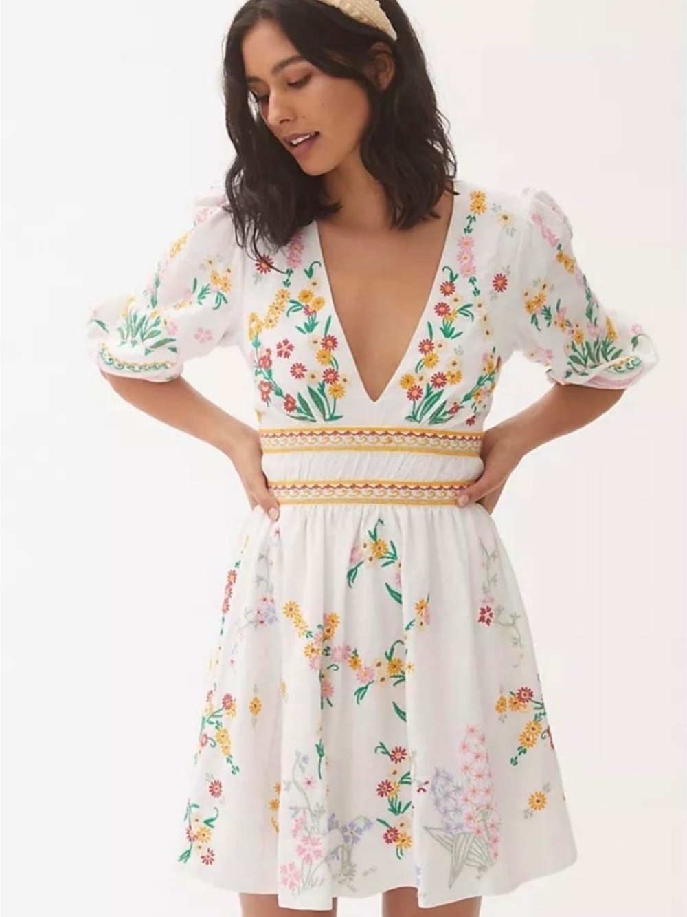 Anthropologie White Floral V-Neck Embroidered Mini Dress